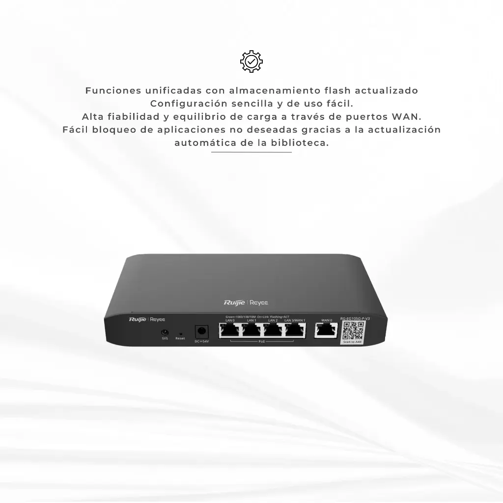 RG-EG105G-P-V3 | Router Administrable Cloud con POE+ 54W, 5 Puertos LAN Gigabit, 2 Puertos WAN Gigabit, Hasta 100 Clientes Concurrentes, Desempeño de 600 Mbps Asimétricos