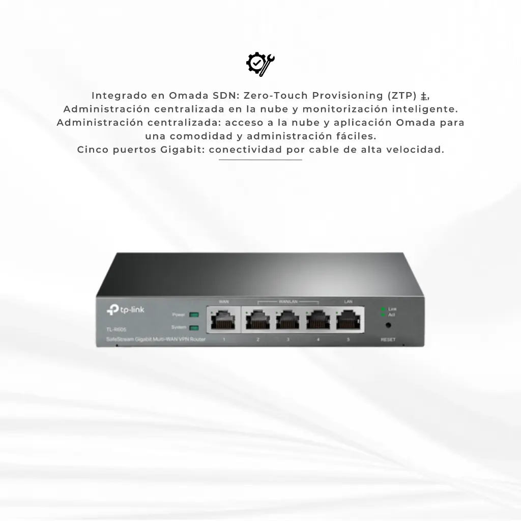 ER605 | Router SafeStream ™ Gigabit Multi-WAN VPN, 1 puerto WAN Gigabit + 1 puerto LAN Gigabit + 3 puertos intercambiables WAN / LAN Gigabit, Soporta los protocolos IPsec/PPTP VPN, Hasta 20 túneles IPsec VPN, 16 túneles PPTP VPN, 16 túneles L2TP VPN, 16 túneles OpenVPN, Integrado con Omada SDN, Administración centralizada en la nube y monitoreo inteligente, Aprovisionamiento Zero-Touch, Acceso en la nube desde Omada APP para fácil administración, el firewall SPI y la defensa DoS protegen a su red de la mayoría de ataques por internet conocidos, filtrado IP/MAC/URL