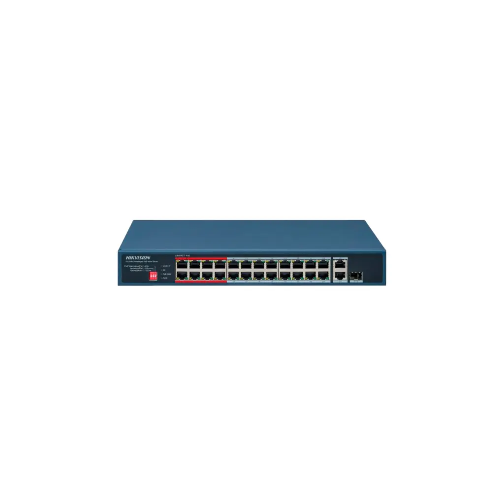 DS-3E0326P-E/M(C)   Switch PoE+ / No Administrable / 24 Puertos 10/100 Mbps PoE+ / 1 Puerto Gigabit / PoE hasta 250 metros